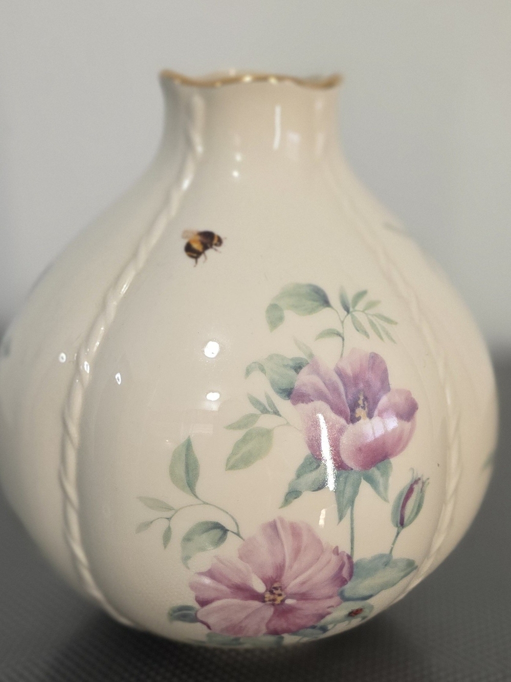 Lenox, MORNING COTTAGE Bulk Shaped VASE, Morning Glories, Bumble Bee, Dragonfly